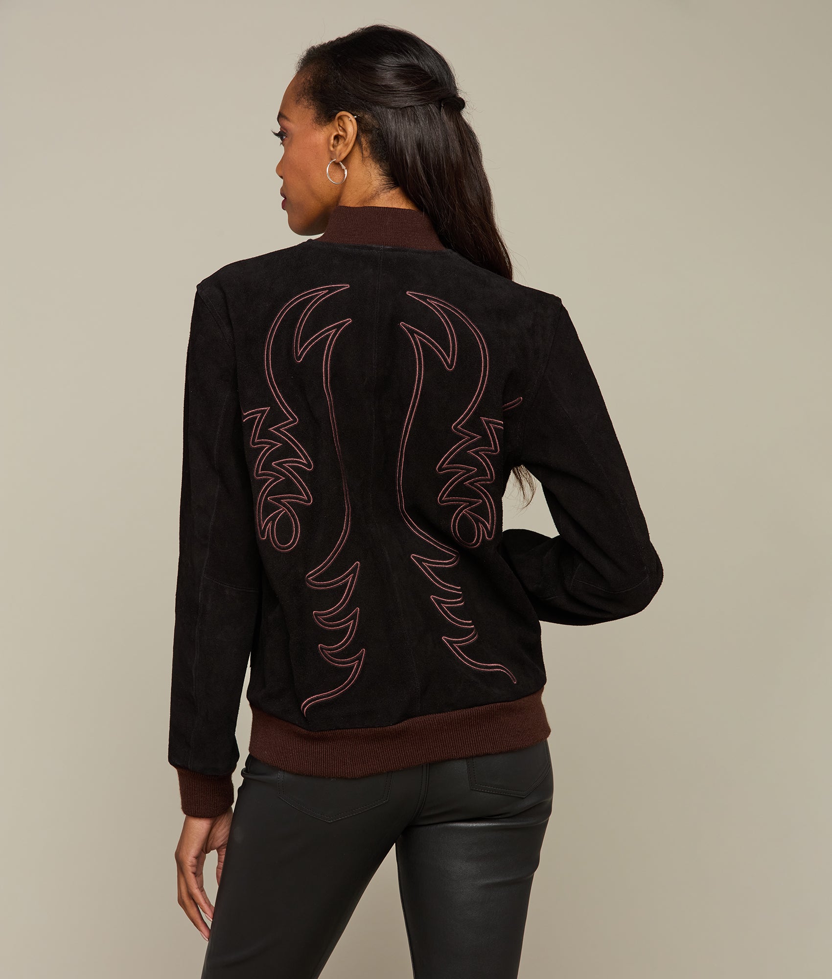 Embroidered Suede Bomber Jacket :: Black - Image 3