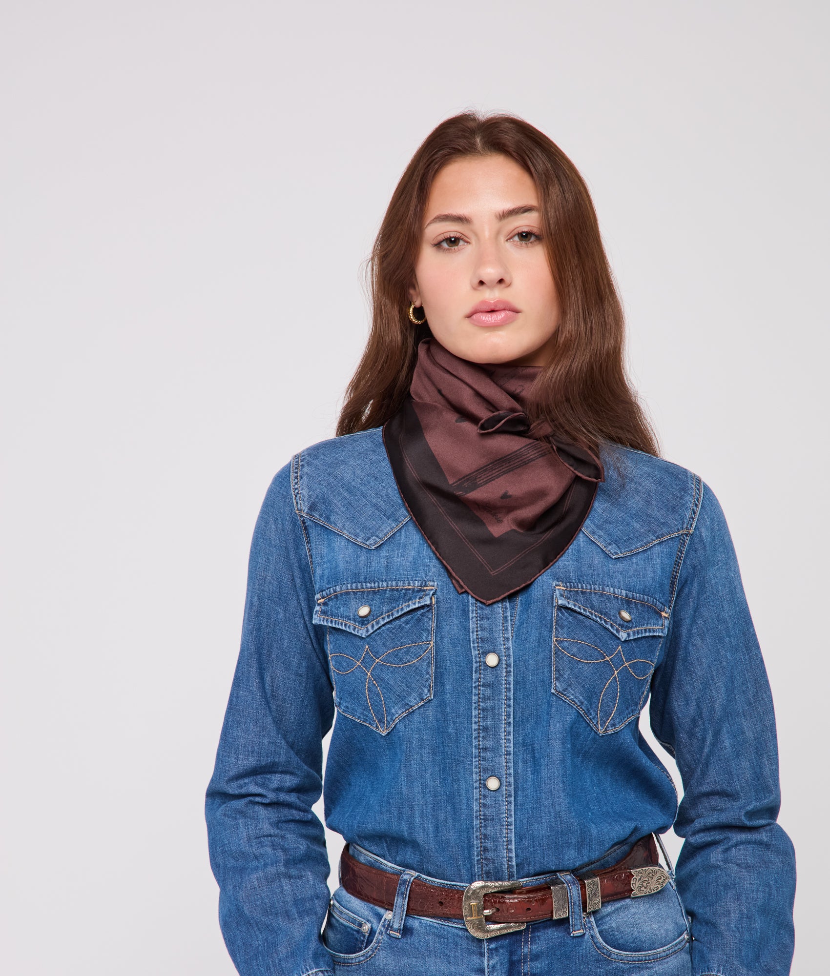 Cowboy Sketch Silk Scarf :: Grey/Brown - Image 6