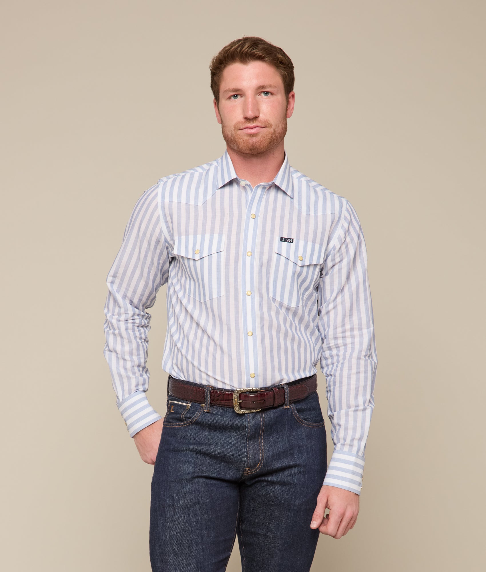 Lucchese x Parker McCollum Long Sleeve Snap :: White/Blue Stripe - Image 4