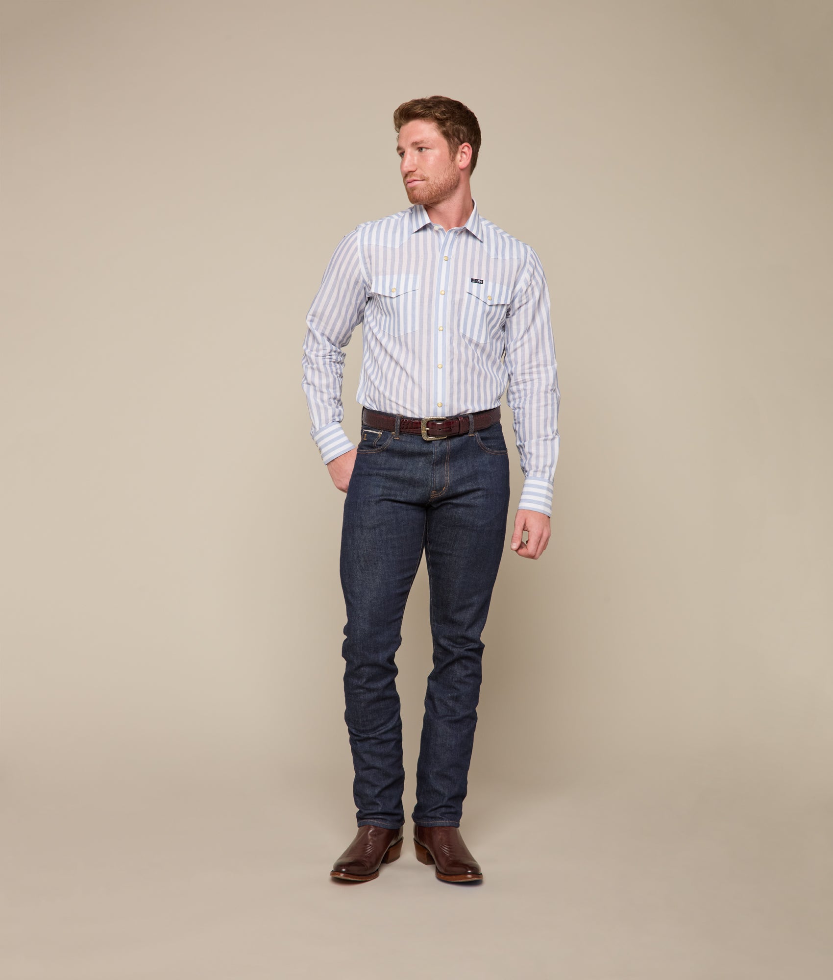Lucchese x Parker McCollum Long Sleeve Snap :: White/Blue Stripe - Image 3