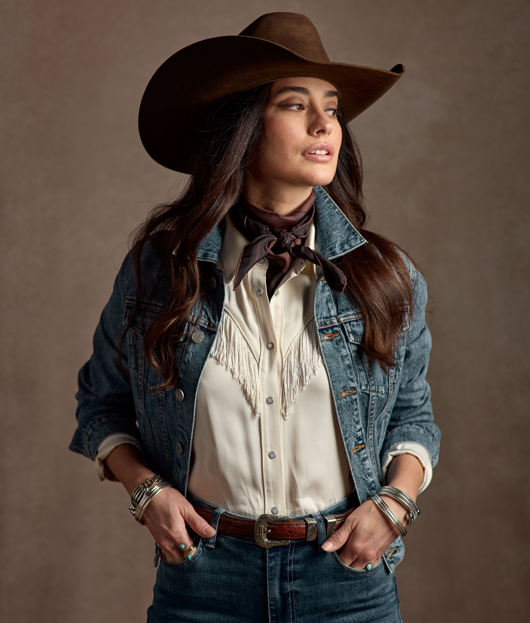 Cowboy Sketch Silk Scarf :: Grey/Brown - Image 2