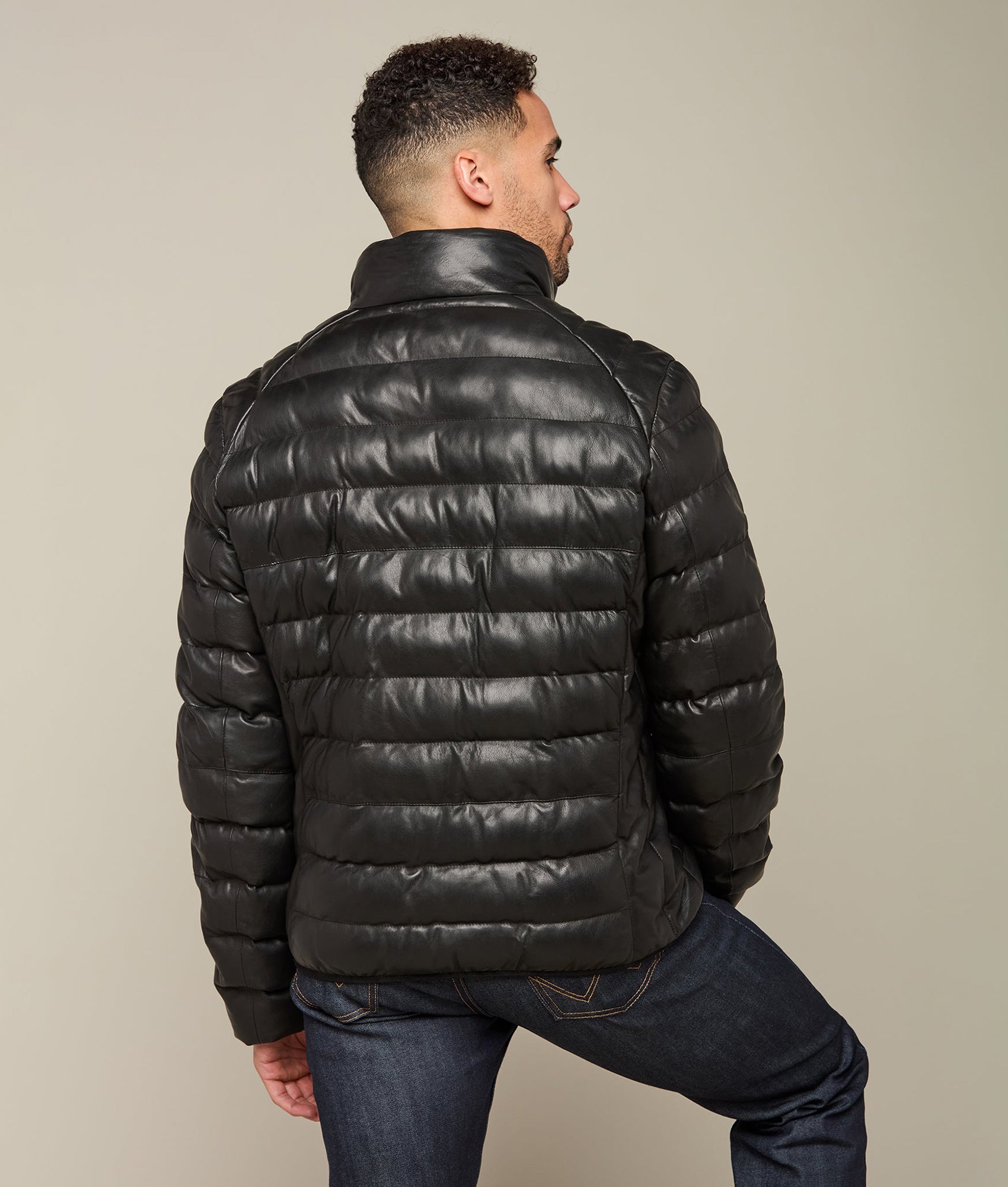 Men's Leather Puffer Jacket :: Black - Image 4