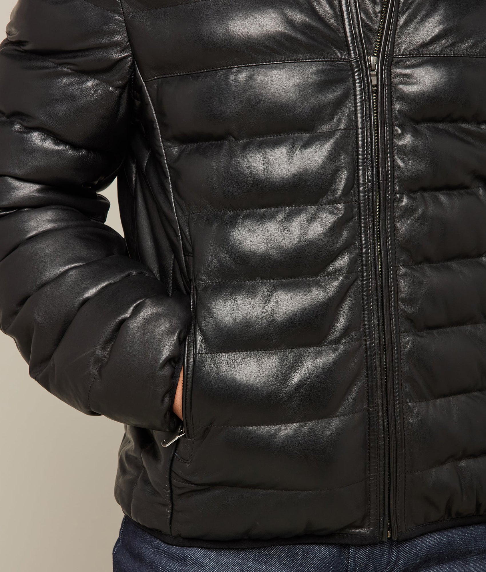 Men's Leather Puffer Jacket :: Black - Image 7