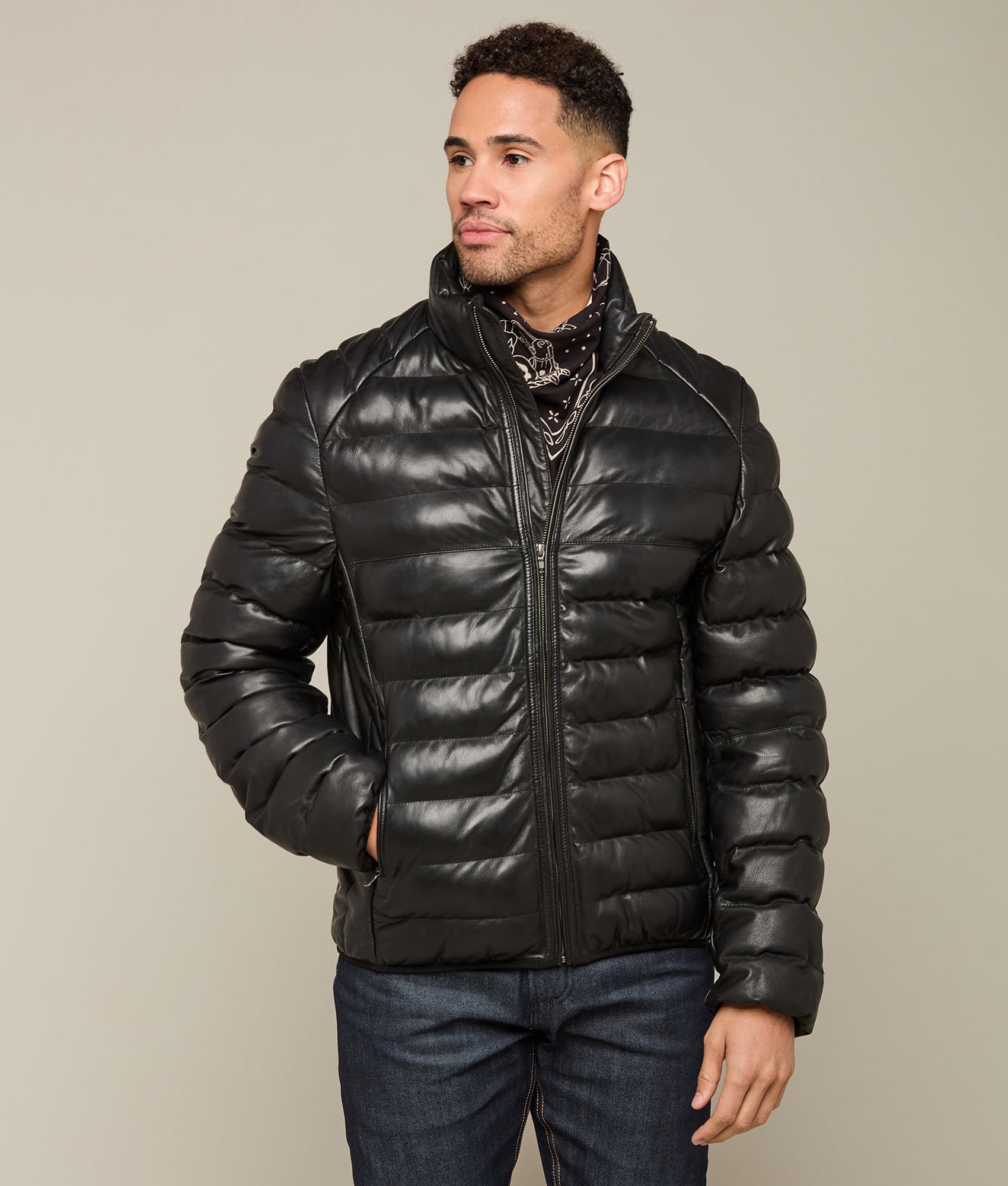 Men's Leather Puffer Jacket :: Black - Image 2