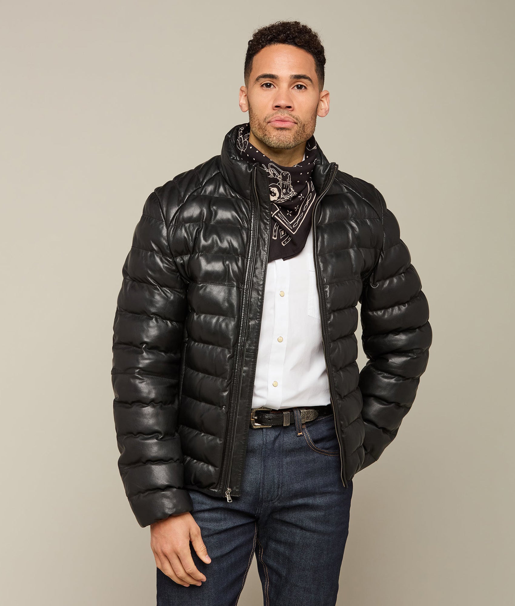 Men's Leather Puffer Jacket :: Black - Image 6