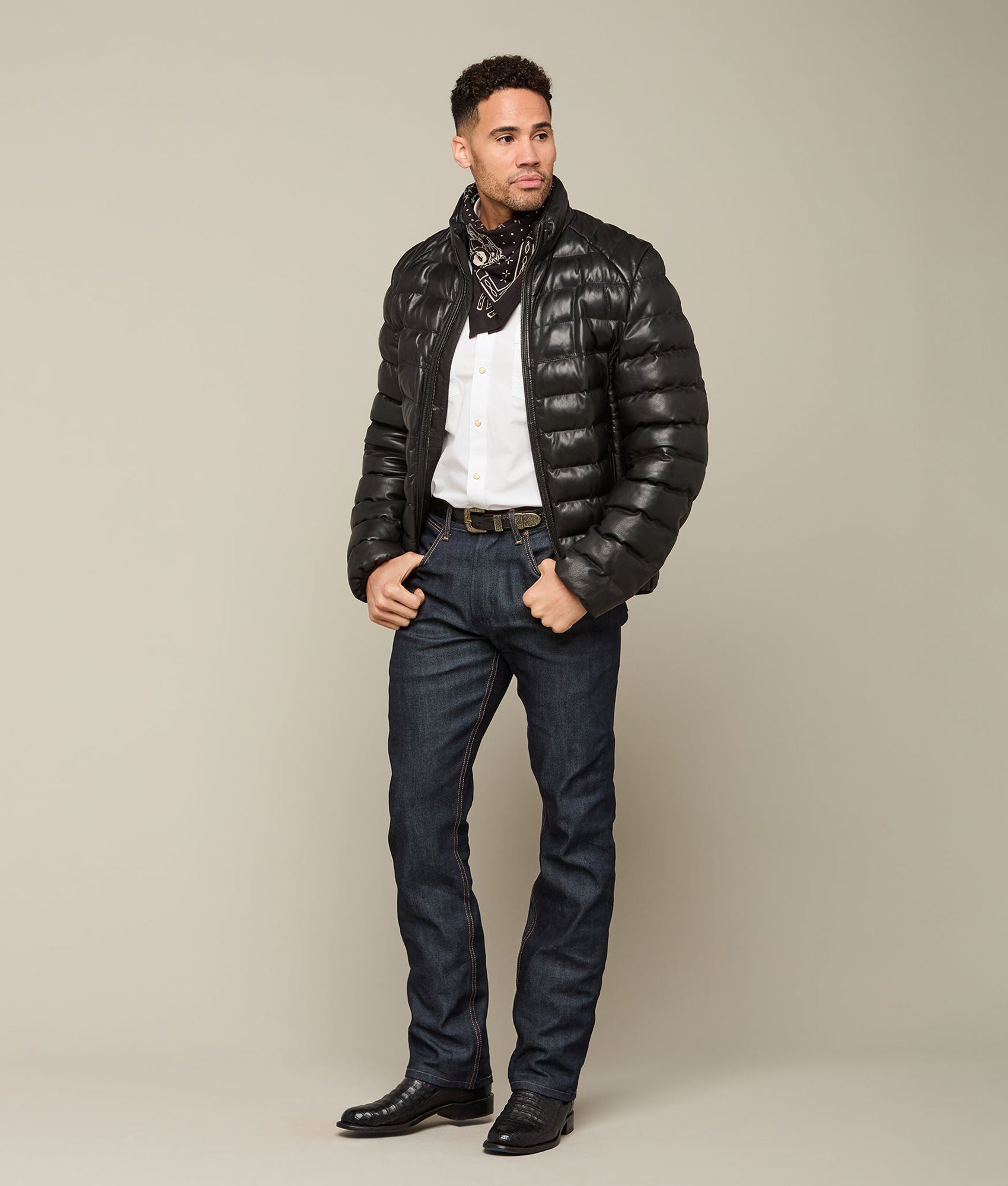 Men's Leather Puffer Jacket :: Black - Image 5