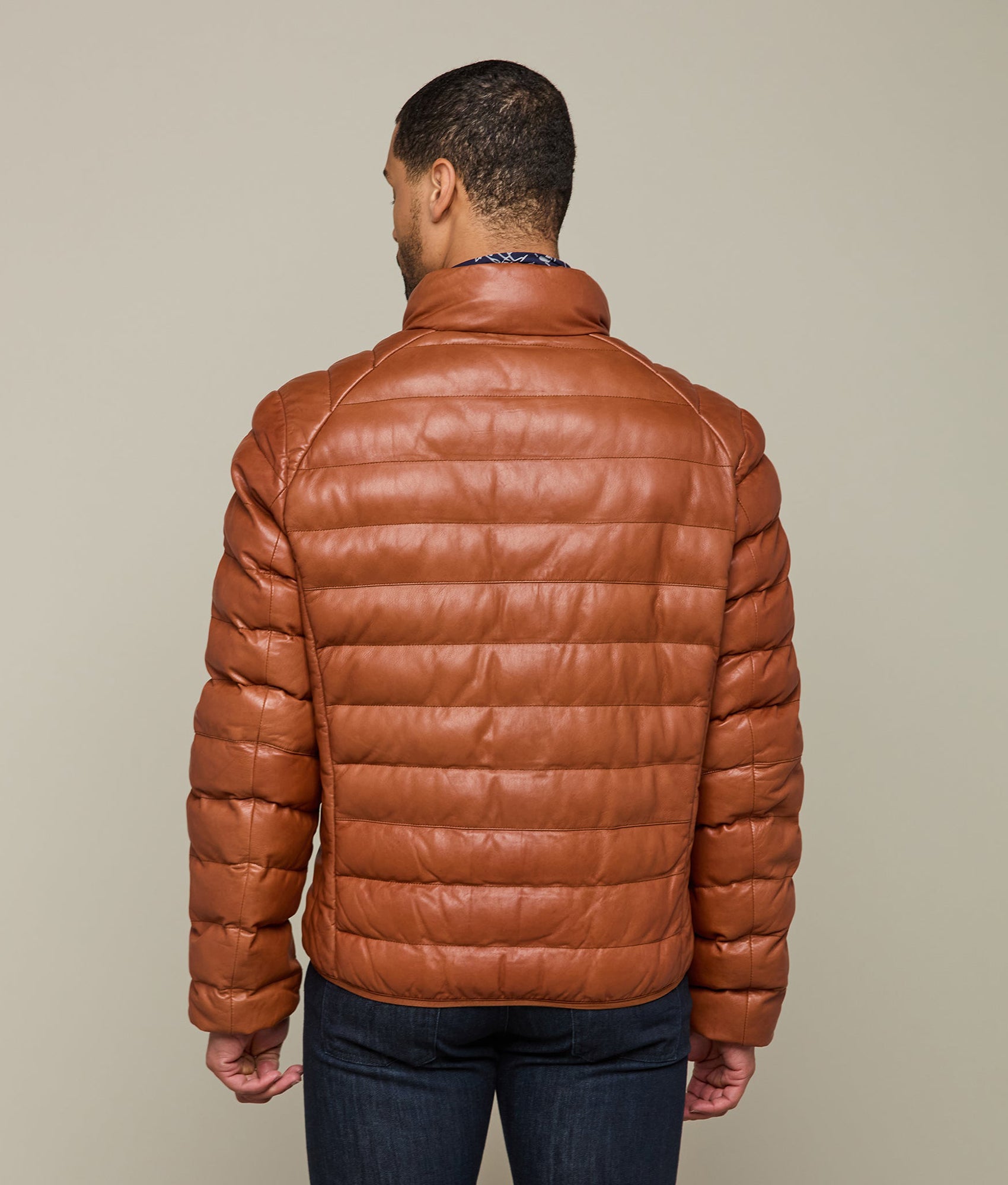 Men's Leather Puffer Jacket :: Cognac - Image 4