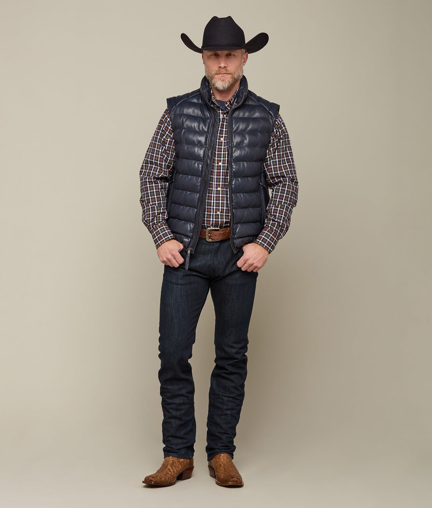 Men's Leather Puffer Vest :: Navy - Image 5